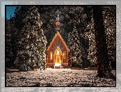Drzewa, Zima, Kościółek, Oświetlona, Stany Zjednoczone, Las, Stan Kalifornia, Kaplica, Park Narodowy Yosemite