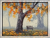 Ławka, Rysunek, Jesień, Drzewa, Liście