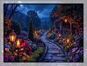 Ogród, Drzewa, Świece, Kwiaty, Ścieżka