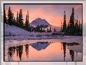 Zima, Drzewa, Tipsoo Lake, Góry, Stany Zjednoczone, Wschód słońca, Stratowulkan Mount Rainier, Jezioro, Stan Waszyngton, Odbicie, Park Narodowy Mount Rainier