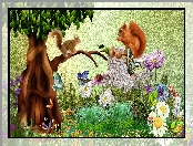 Drzewo, Grafika, 2D, Kwiaty, Wiewiórki
