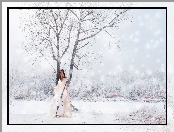 Drzewo, Śnieg, Zima, Wiolonczela, Las, Dziewczyna