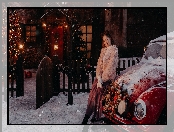Samochód, Drzewo, Dom, Kobieta, Śnieg, Uśmiech, Boże Narodzenie