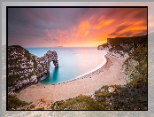 Anglia, Łuk wapienny, Wybrzeże Jurajskie, Durdle Door, Morze, Zachód słońca, Skały, Plaża