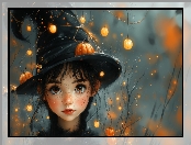 Dziewczynka, Dynie, Halloween, Kapelusz, AI