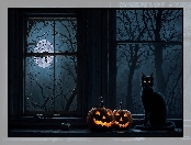 Halloween, Dynie, Księżyc, Kot, Okno