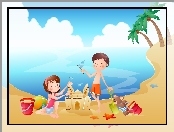 Dzieci, Zabawa, Morze, Plaża
