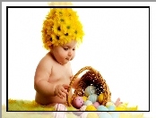 Dziecko, Jajka, Koszyk, Kwiaty