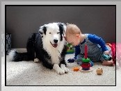 Dziecko, Przyjaciele, Pies, Zabawki