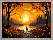 Jesień, Zachód słońca, Mężczyzna, Grafika, Drzewa, Jezioro, Dziecko