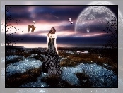Dziewczyna, Fantasy, Sowa, Księżyc