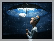 Dziewczynka, Parasol, Obłoki, Deszcz