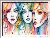 Kolorowe, Grafika, Trzy, Dziewczyny