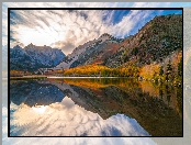 Eastern Sierra, Stany Zjednoczone, Wschód słońca, Góry, Jesień, Kalifornia, North Lake, Drzewa, Jezioro