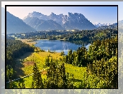 Jezioro Eibsee, Bawaria, Niemcy, Góry, Karwendel, Drzewa, Lasy