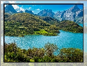 Hiszpania, Drzewa, Góry, Jezioro Embalse, Picos de Europa