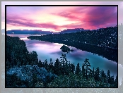 Niebo, Drzewa, Kalifornia, Góry, Jezioro, Stany Zjednoczone, Wyspa Fannette, Drzewa, Tahoe Lake, Zachód słońca