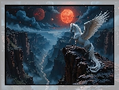Księżyc, Kanion, Koń, Fantasy, Pegaz, Skrzydła, Biały