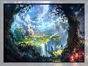 Fantasy, Wulkan, Miasto, Most, Drzewa
