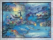 Fantasy, Delfiny, Rybki, Ocean, Art
