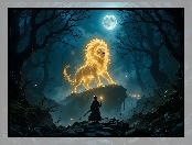 Dziecko, Lew, Księżyc, Fantasy, Chmury, Skała