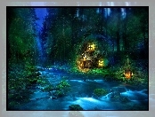 Fantasy, Las, Domek, Woda, Noc