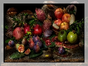 Figi, Jabłka, Owoce, Kompozycja, Granaty, Liście