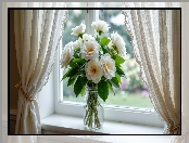 Okno, Kwiaty, Słoik, Firanki, Białe, Bukiet