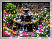 Fontanna, Ogród, Kwiaty