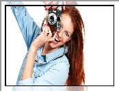Fotograficzny, Piękna, Rudowłosa, Kobieta, Aparat