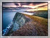 Klif, Wybrzeże, Trawy, Morze, Anglia, Gad Cliff, Hrabstwo Dorset, Zachód słońca, Chmury