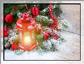 Bombki, Gałąź, Lampion, Boże Narodzenie, Szyszki, Kompozycja