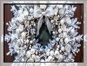 Gałązki, Kokarda, Kwiaty, Boże Narodzenie, Białe, AI, Ośnieżone, Wianek