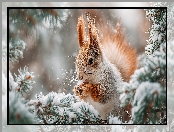 Wiewiórka, Śnieg, Zima, Gałązki, Grafika AI