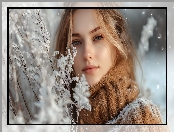 Ośnieżone, Kobieta, Golf, Gałązki, Brązowy, Blondynka