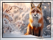 Ośnieżone, Zima, Śnieg, Gałązki, Lis, Siedzący