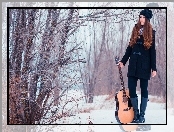 Gitara, Zima, Las, Śnieg, Dziewczyna