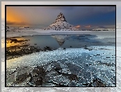 Góra Kirkjufell, Zima, Islandia, Kra, Jezioro, Pękająca