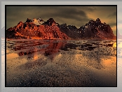 Góry, Góra Vestrahorn, Plaża Stokksnes, Islandia, Zachód słońca