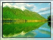 Góry, Jezioro, Chmury, Drzewa