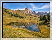 Góry, Gmina Santa Cristina Val Gardena, Włochy, Dolomity, Jezioro Lech Sant, Drzewa, Łąka