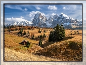 Dolina Val Gardena, Drzewa, Włochy, Góry Sassolungo, Dolomity, Płaskowyż Seiser Alm, Domy