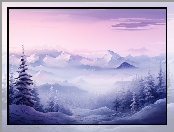 Zima, Góry, Drzewa, Mgła, 2D
