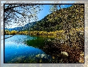 Góry, Jesień, Jezioro, Drzewa , Kamienie