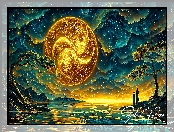 Księżyc, Ludzie, Grafika, Grafika AI, Jezioro, Drzewa, Góry