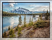 Góry, Lasy, Kanada, Mount Rundle, Prowincja Alberta, Park Narodowy Banff, Góra, Drzewa, Jezioro, Two Jack Lake