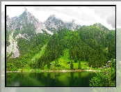 Góry, Budynki, Jezioro, Drzewa