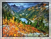 Góry, Chmury, Jezioro, Drzewa