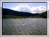 Góry, Niebo, Jezioro, Drzewa
