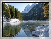 Góry, Śnieg, Jezioro, Drzewa